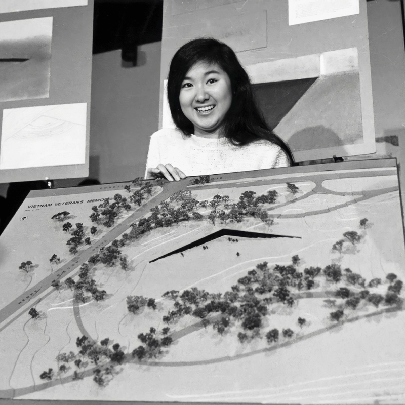 21-year-old Yale architecture student Maya Lin with her design for the Vietnam Veterans Memorial, May 6, 1981.