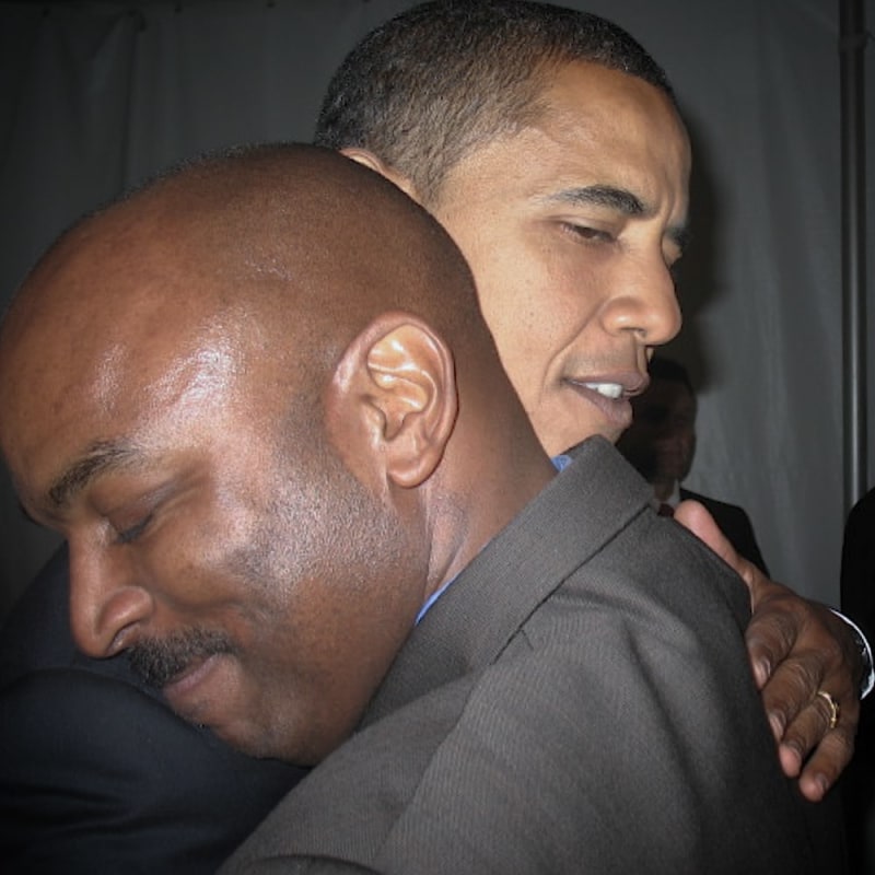 Harvard Law School classmates Kenneth Mack and President Barack Obama on Nov 4, 2008.