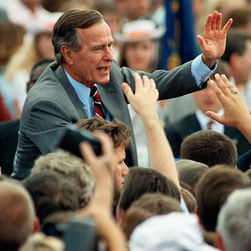 President Bush greets the crowd after a Sept. 22, 1992 rally in Longview, Texas.