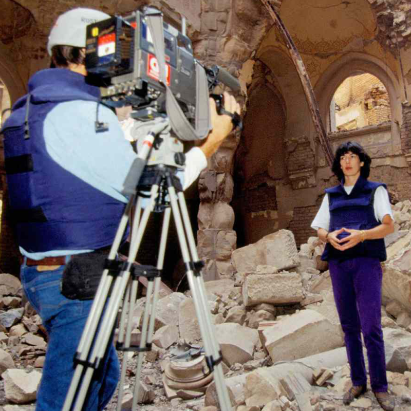 Christiane Amanpour reporting from the National Library of Bosnia and Herzegovina, 1992.