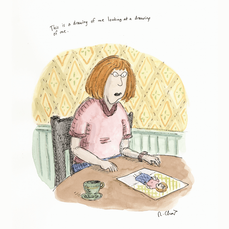 Roz Chast. This is a drawing of me looking at a drawing of me. 2008. Watercolor/ink on paper.