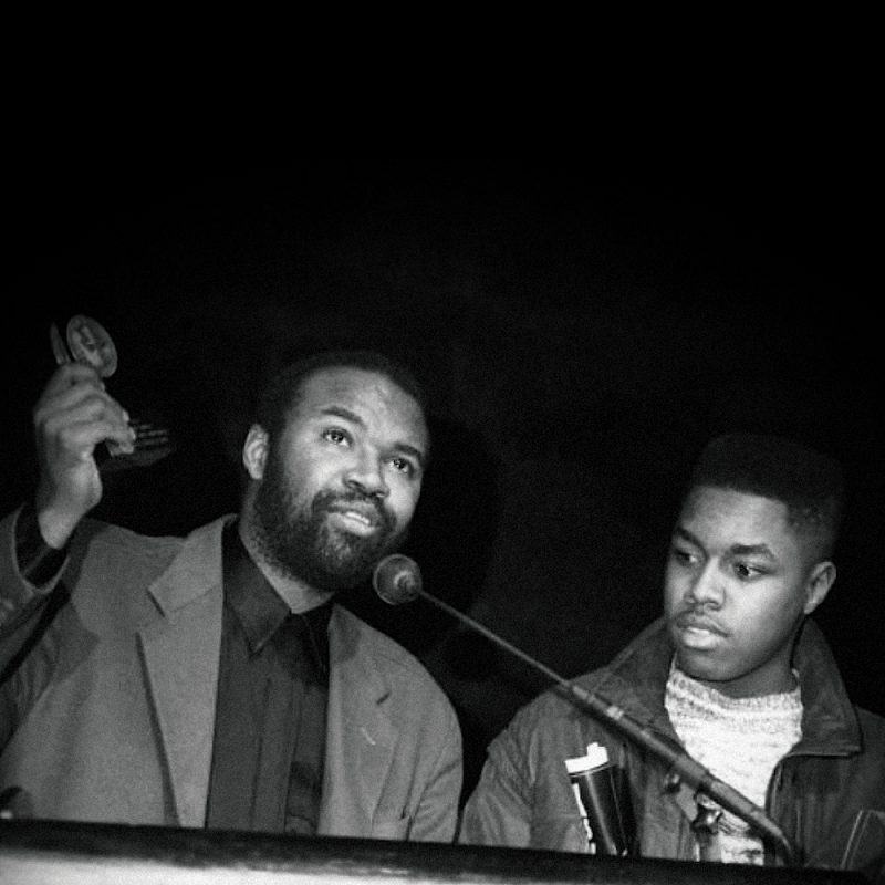 Nelson George and Rapper D-Nice (aka Derrick Jones) accept an award at the

New York Music Awards, March 31, 1990.