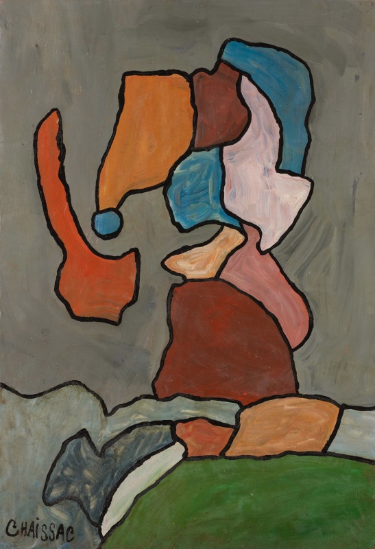 &ldquo;Formes multicolores sur fond gris&rdquo;, 1962, Oil on paper mounted on canvas