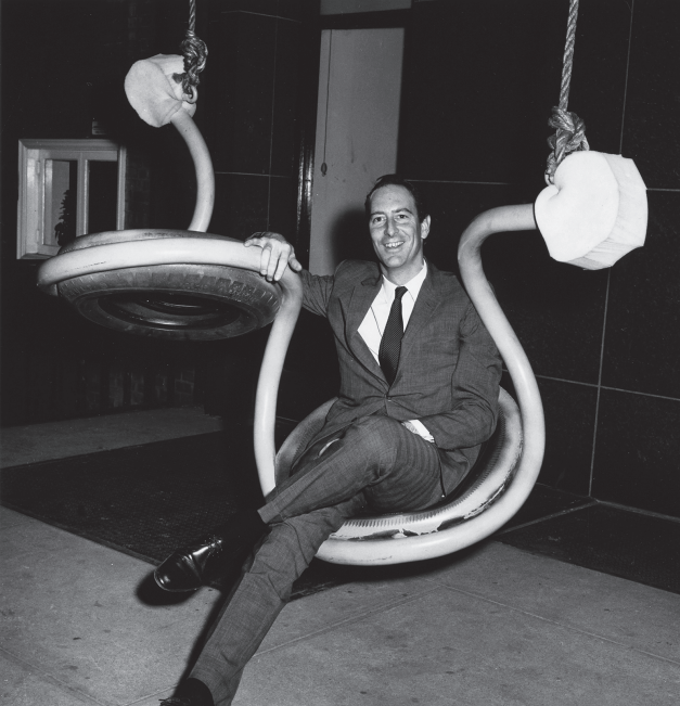 Thomas Hoving seated on Hanging Bench, 1966
Steel, rubber, and rope
48 &amp;times; 60 &amp;times; 48 in.
Courtesy of the artist and Spacetime C.C.
Image courtesy of American Craft Council Library and Archives
Photo: Edward Ozern