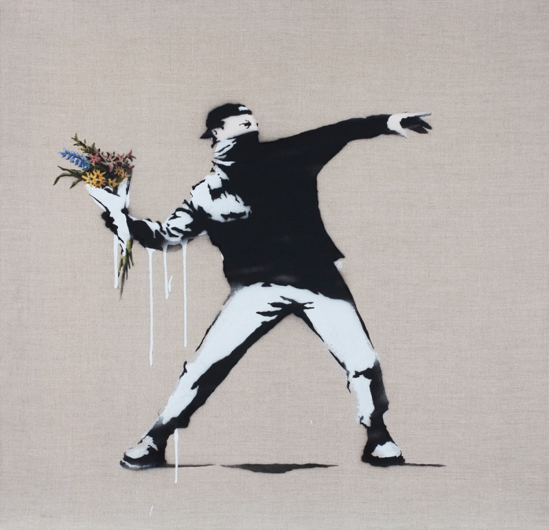 Banksy, Flower Thrower, 2006. Oil and spray paint on canvas.

Photo: Courtesy of Pest Control Office.