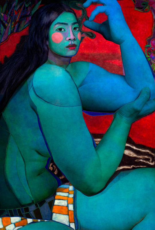 A bright beautiful mixed media print depicts a woman with flowing dark hair sitting and having large arms and blue skin.