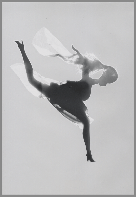 The silhouette of a Barbie running with an overly wide stance is shown in this black and white image