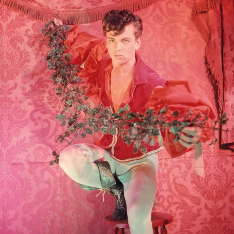 A man wearing red and green holds mistletoe in front of an ornate red wall