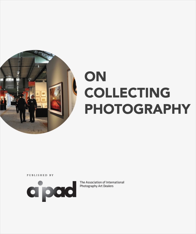 Graphic that says On Collecting Photography, published by AIPAD with a circular image of two people standing on The Photography Show floor.