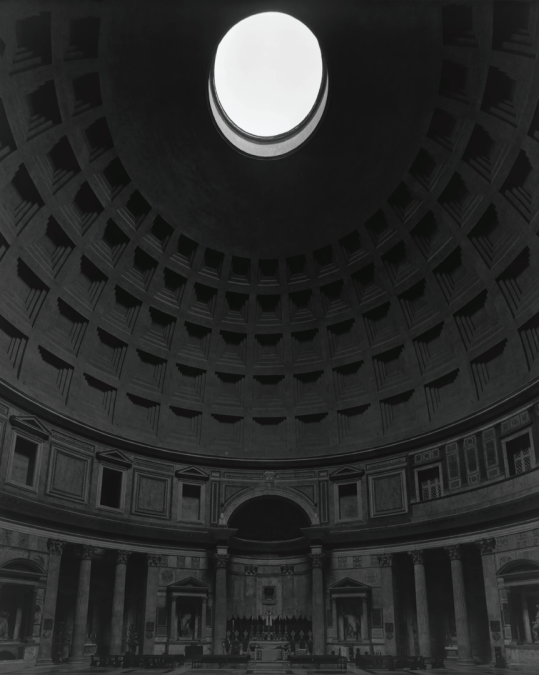 Black and white photo of the interior of the Pantheon's dome