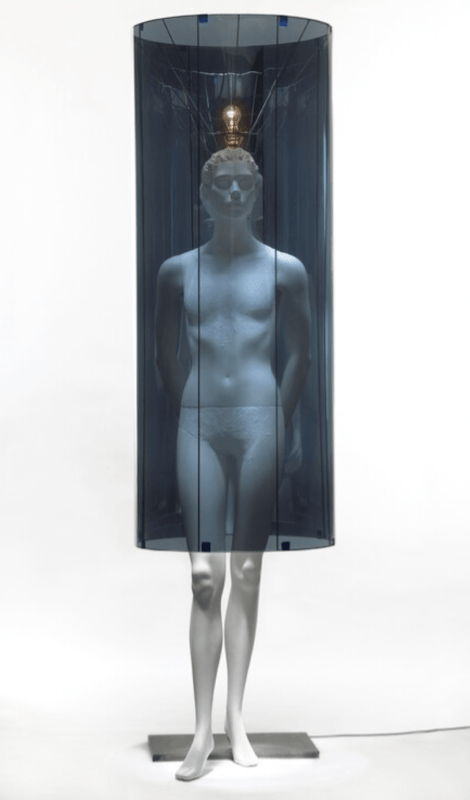 Untitled, 2005 Polyester figure, transparent mirror film, steel, lamp