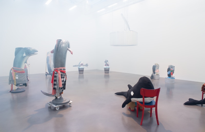 Installation view, Cosima von Bonin, WHAT IF IT BARKS?, Petzel, 2018