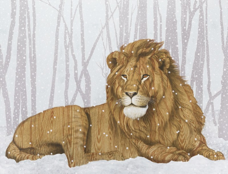 lion lounging in snow in a forest. instead of fur the lion is painted in a wood grain.