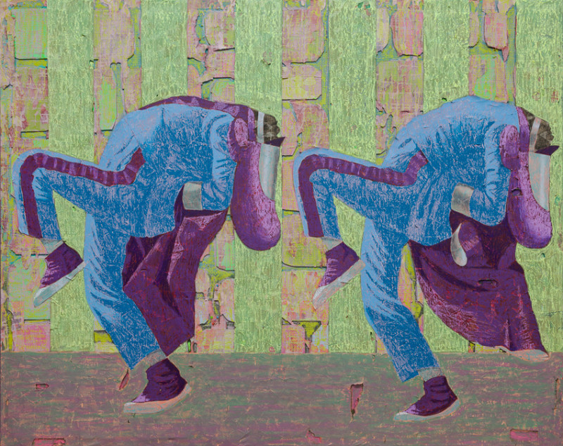Derek Fordjour, Highstep Double, 2019, Acrylic, charcoal, and oil pastel on newspaper mounted on canvas,&amp;nbsp;64 x 84 inches, 162.6 x 213.4 cm.&amp;nbsp;Gift of the Blackmon Perry Collection.