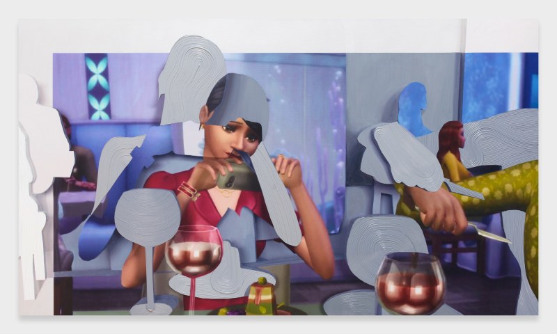 Shifted Sims #8 (Food Critic Career), 2019, Oil, acrylic, inkjet on canvas