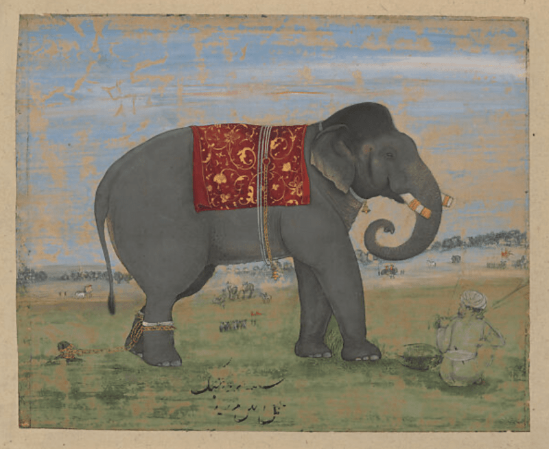 An Indian painting of an elephant with its keeper