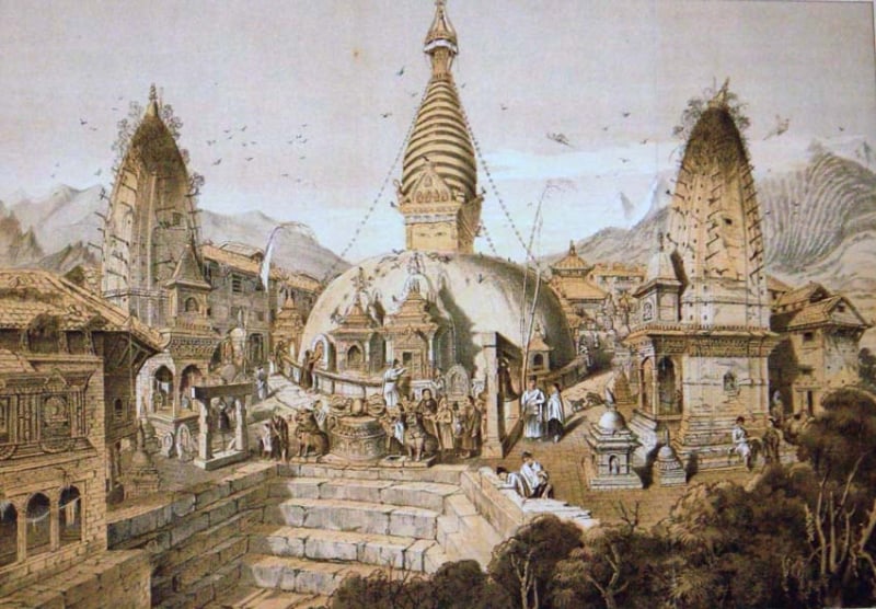 Swayambunath in an engraving from 1877