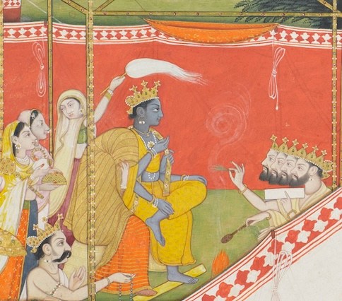 Detail of a painting of The wedding of Vishnu and Lakshmi, Page from a Bhagavata Purana series, showing Vishnu seated next to Lakshmi