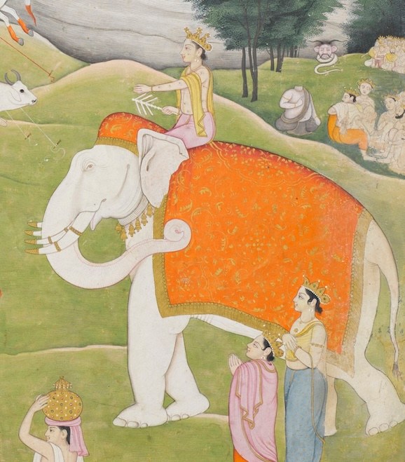 Detail of a painting of The wedding of Vishnu and Lakshmi, Page from a Bhagavata Purana series, showing a white elephant berated in an orange sheet