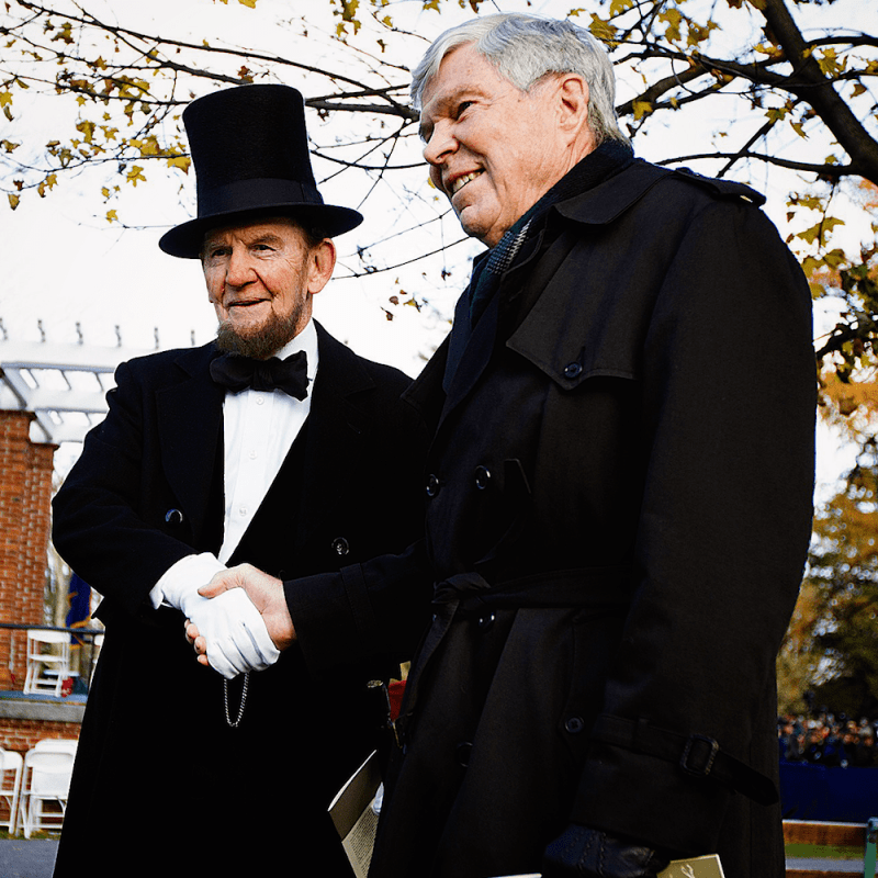 Lincoln portrayer James Getty chats with Civil War historian James McPherson before the 150th anniversary of US President Abraham Lincolns historic Gettysburg Address. 2013.&amp;nbsp;