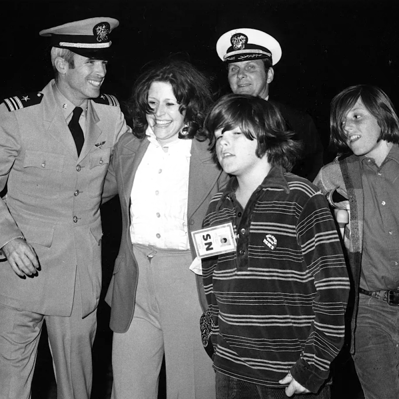 John McCain returns to Jacksonville, Florida, after being a prisoner of war in North Vietnam and greets wife Carol, daughter Sidney, son Douglas and son Andrew in 1973.