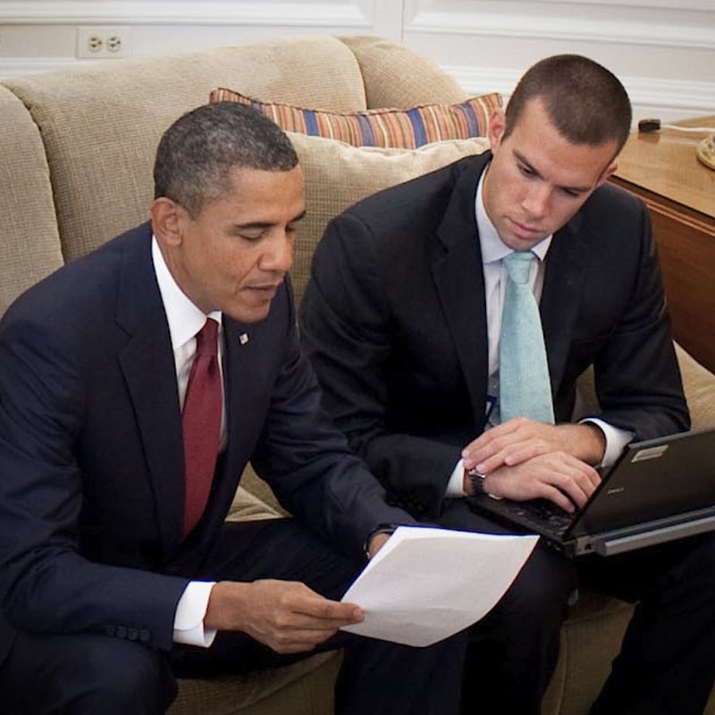 Jon Favreau working on a speech with President Barack Obama.