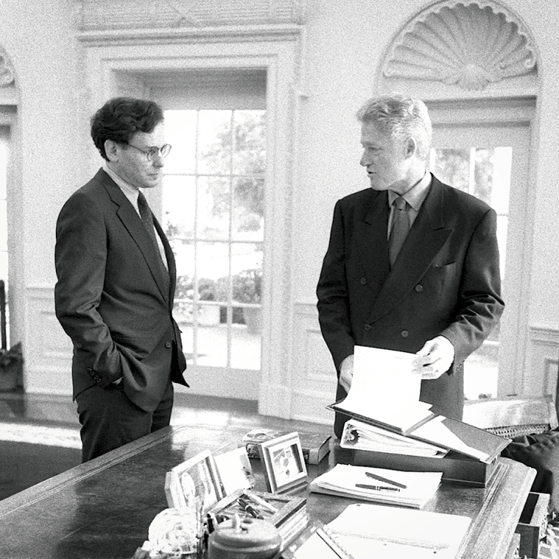 Sidney Blumenthal meets with President Bill Clinton in the Oval Office, 1997.
