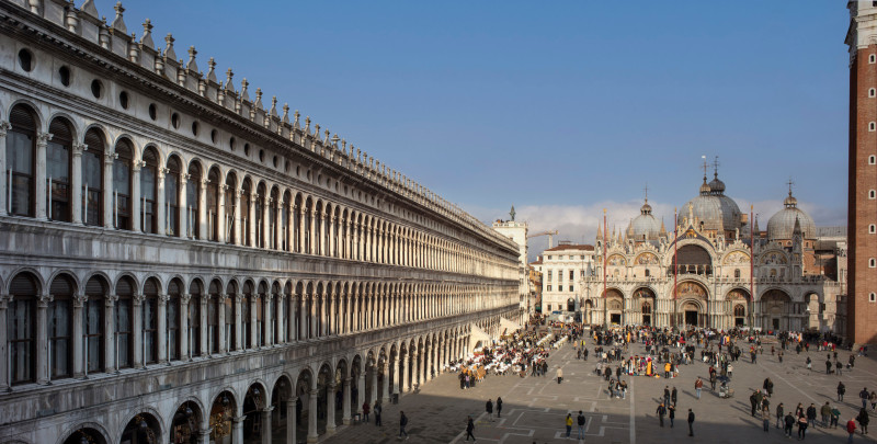 A photograph of St. Mark's square, with St. Mark's Basilica 