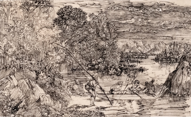 Rodolphe Bresdin (1822-1885) Les pêcheur à la ligne, ca. 1865 Pen and china ink on tracing paper 3 1/8 x 5 inches