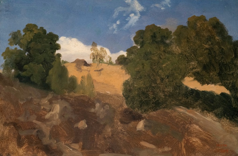 Jean-Baptiste-Camille Corot View in Fontainebleau, c. 1823-24 Oil on board 8 5/8 x 13 inches