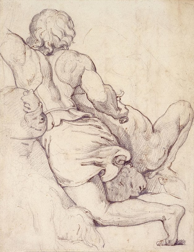 Théodore Géricault, Struggling Warriors: Study after "The Battle of Constantine" by Giulio Romano, c. 1813-1815 Pencil with pen and ink on paper 6 3/4 x 5 1/4 inches