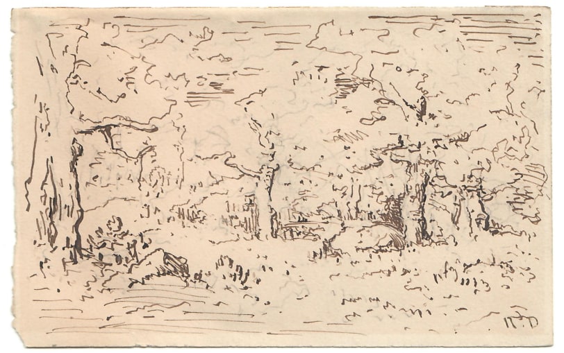 Narcisse Virgile Diaz de la Peña Landscape in the Forest of Fontainebleau Brown Pen and ink on paper 3 3/4 x 6 inches