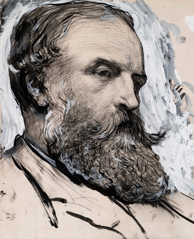 Sir Hubert von Herkomer Head of a Bearded Man Pencil and black ink, heightened with white and grey gouache on paper 10 3/4 x 8 5/8 inches