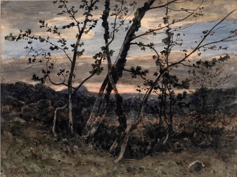 Henri Joseph Harpignies (1819-1916) Arbres dan us paysage vallone a la tombee de la nuit, 1866 Watercolor heightened with gum arabic 9 3/4 x 13 1/4 inches
