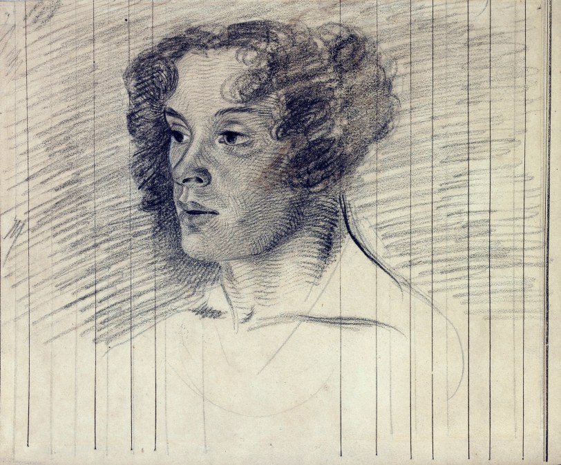 Eugene Delacroix, Portrait of Madame Pierret, c. 1827-35, Verso: Study of seated female nude, Black chalk on lined paper, 9 x 10 13/16 inches