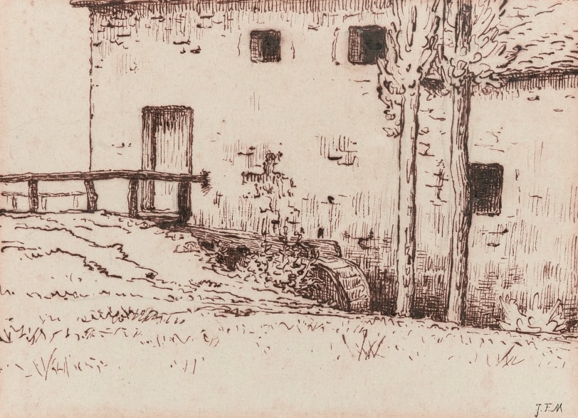 Jean-François Millet The Water Mill, near Vichy (Le moulin à eau, environs de Vichy) Pen and brown ink with pencil on paper 7 x 9 5/16 inches