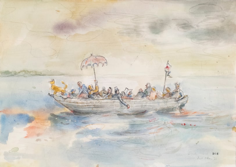 David Scher Boat With Parasol, 2021 Pencil and watercolor on Arches cold press paper 14 x 20 inches