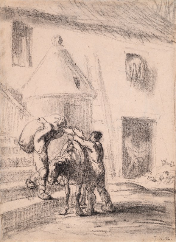 Jean-François Millet A Miller Loading a Sack of Flour on to his Horse (Meunier chargeant un sac de blé sur son cheval) Black chalk on paper 8 15/16 x 6 5/8 inches
