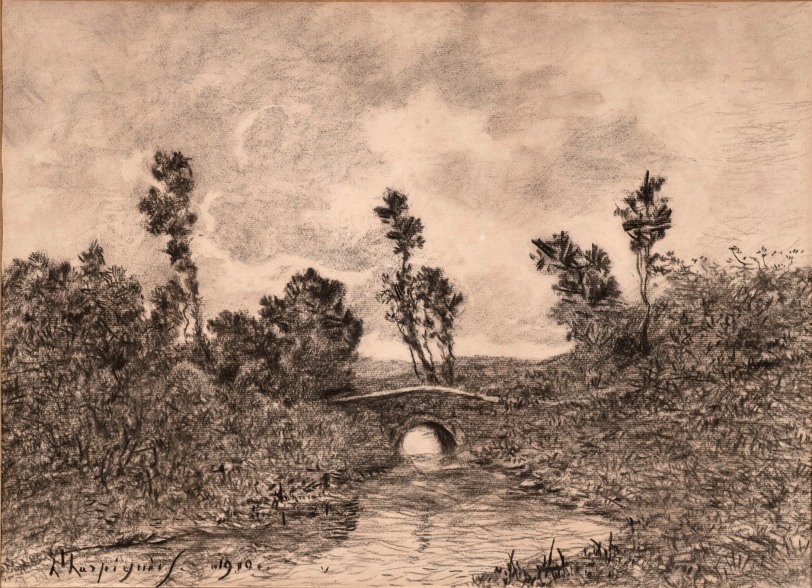 Henri Joseph Harpignies (1819-1916) Le Pont de Saint-Prive, 1919 Charcoal on paper 15 1/4 x 21 1/8 inches