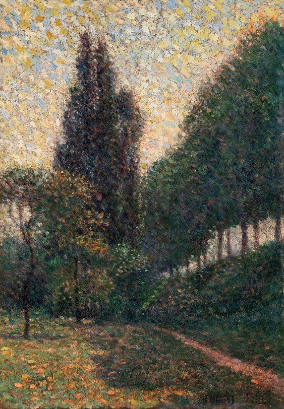 Albert Dubois-Pillet, French, 1846-1890, Landscape at La Grande Jatte (Pré en contre-bas), Oil on canvas 10 5/8 x 7 3/8 inches, Signed lower right