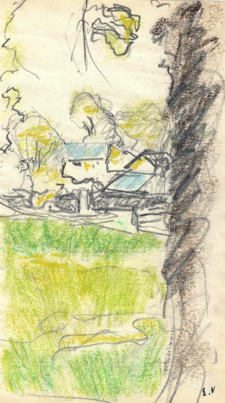 Edouard Vuillard Outdoors at the Chateau des Clayes, c. 1932-38 Pastel and graphite on paper 6 3/4 x 3 5/8 in.