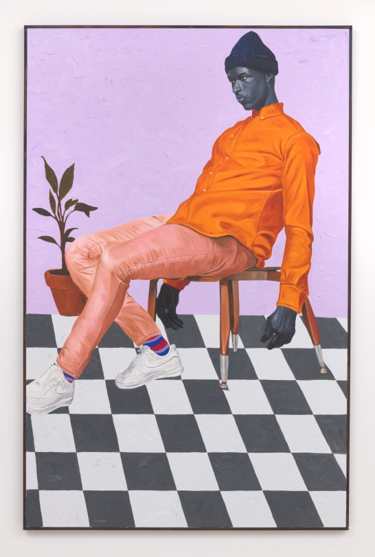 Otis Kwame Kye Quaicoe Sitter,&nbsp;2019 Oil on canvas 86 x 54.75 in (218.4 x 139.1 cm)