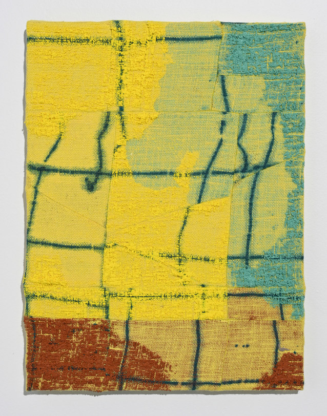 Evan Nesbit  Tacking Grid, 2020  Acrylic, ink, dye and burlap  24 x 18 in (61 x 45.7 cm)