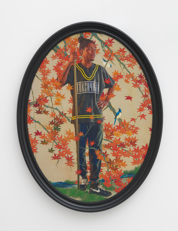 Kehinde Wiley Portrait of Taquane Butler, 2023 Oil on linen 96 x 72 in (243.8 x 182.9 cm) canvas 104 x 80 x 5 in (264.2 x 203.2 x 12.7 cm) framed exhibition