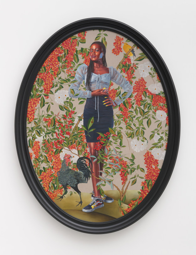 Kehinde Wiley Portrait of Oluseyi Olaose, 2023 Oil on linen 96 x 72 in (243.8 x 182.9 cm) canvas 104 x 80 x 5 in (264.2 x 203.2 x 12.7 cm) framed exhibition