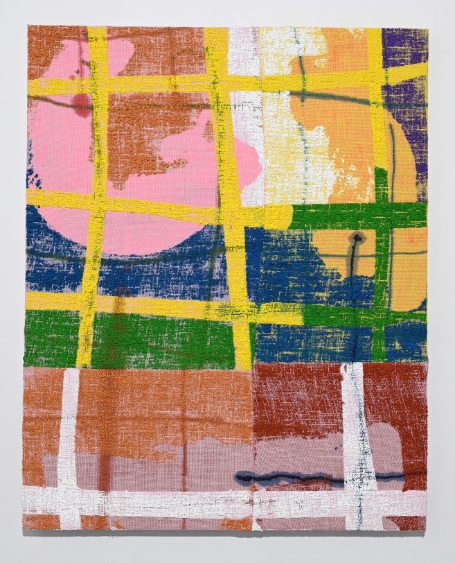 Evan Nesbit  Relativity Suite, 2021  Acrylic, ink, dye and burlap  50 x 40 in (127 x 101.6 cm)