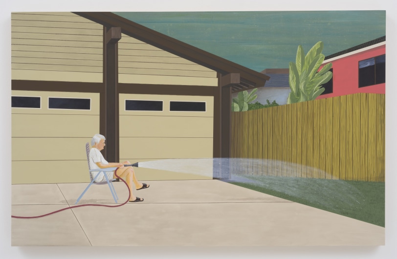 Ed Templeton Man Waters Lawn, Suburbia, 2014 Acrylic on panel 30 x 47.75 in (76.2 x 121.29 cm)