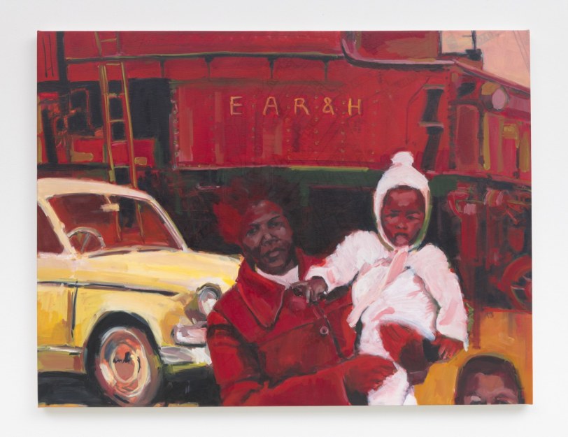 Wangari Mathenge  Locomotives and Loco Motives (EAR&amp;H Corp), 2020  Acrylic, oil and silk screen print on canvas  36.75 x 48 in (93.3 x 121.9 cm)