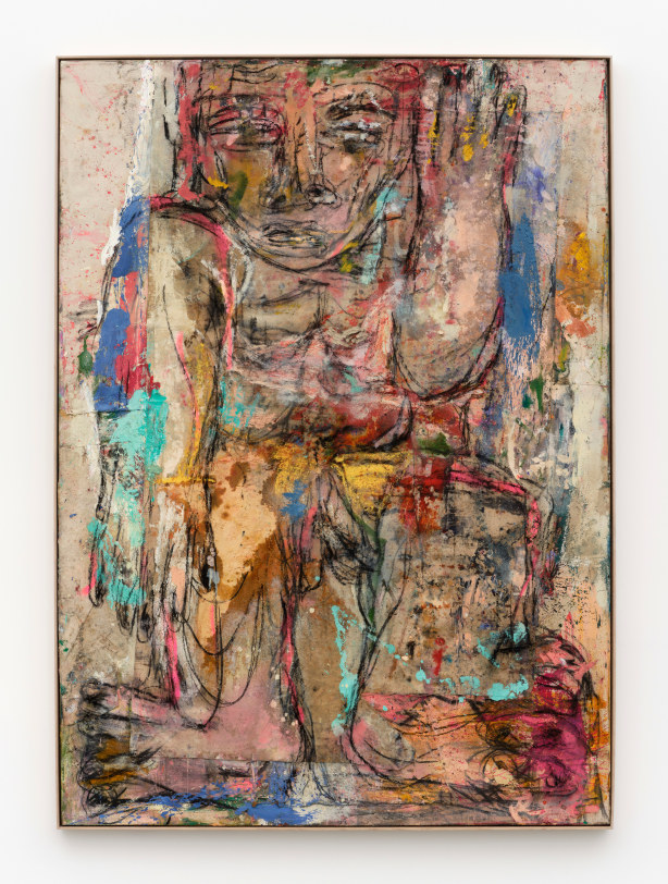 Daniel Crews-Chubb Immortal XIV, 2023 Oil, oil bar, acrylic, charcoal, spray paint, ink, sand and collaged fabrics in oak frame 83.46 x 60.24 x 2.375 in (212 x 153 x 6 cm)