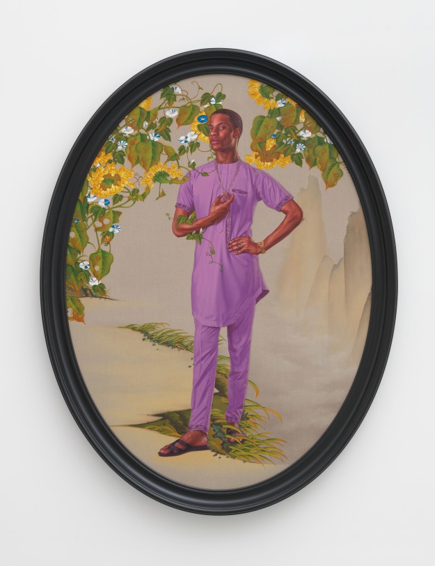 Kehinde Wiley Portrait of Denola Grey, 2023 Oil on linen 96 x 72 in (243.8 x 182.9 cm) canvas 104 x 80 x 5 in (264.2 x 203.2 x 12.7 cm) framed exhibition